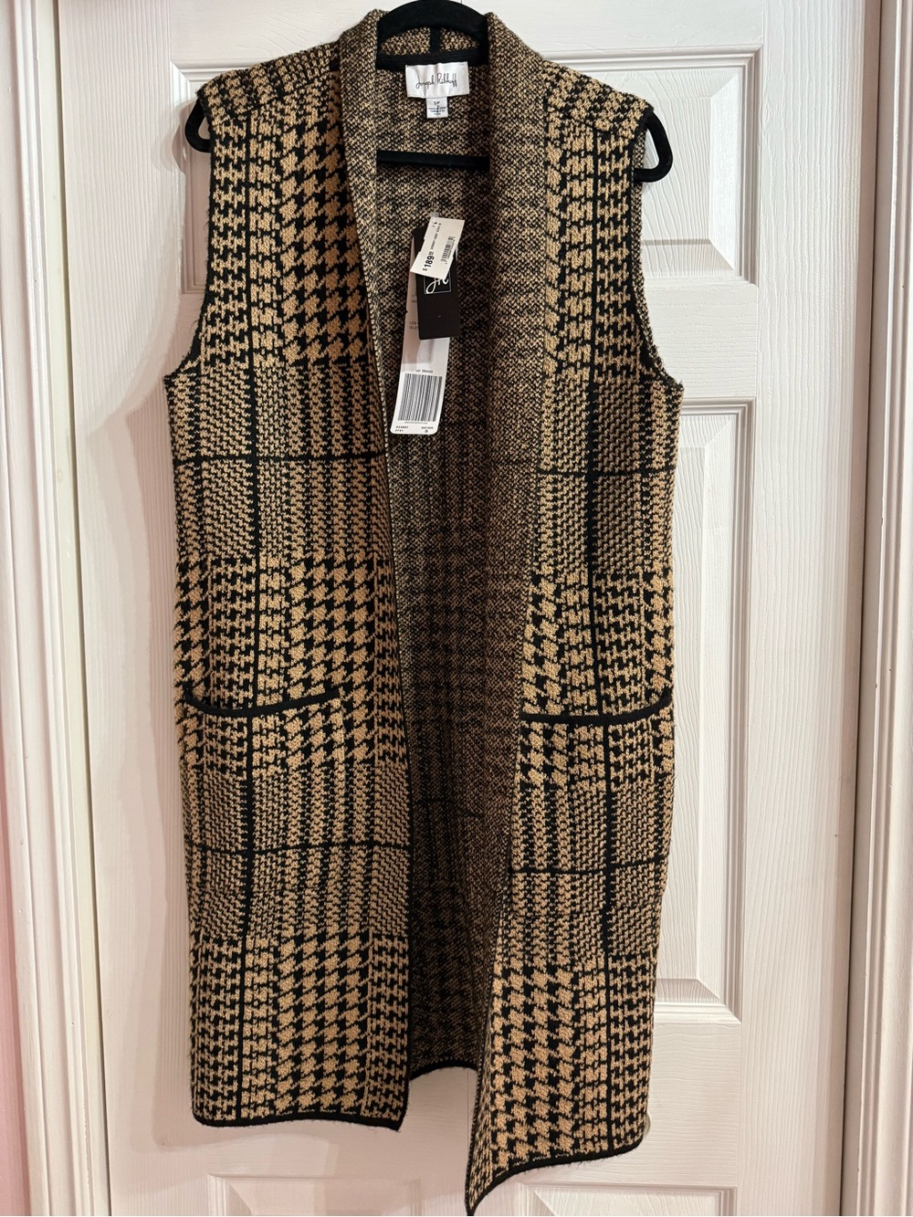 Joseph Ribkoff Tan and Black Houndstooth Long Sleeveless Vest